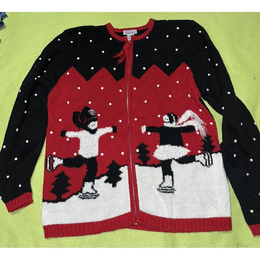 Gallagher Women's l‎ Christmas cardigan, granny core Black /red ice Skaters  90s